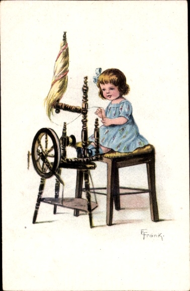 Artist PC Frank, E., girl at the spinning wheel