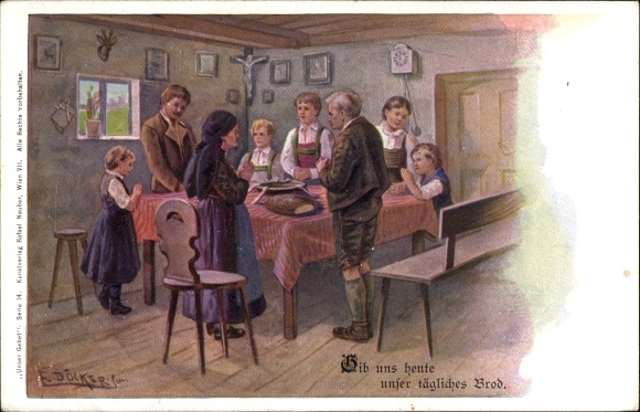 Artist Postcard Döcker, E., Give us today our daily bread, praying family, grace