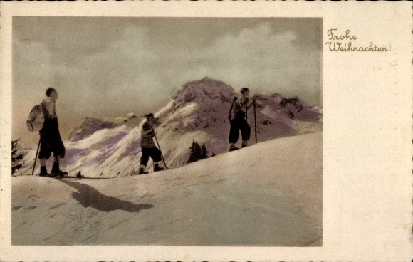 Postcard Congratulations Christmas, men ski