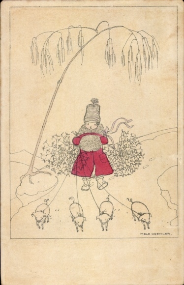 Artist Postcard Köhler, Mela, girl with pigs on a leash, mistletoe