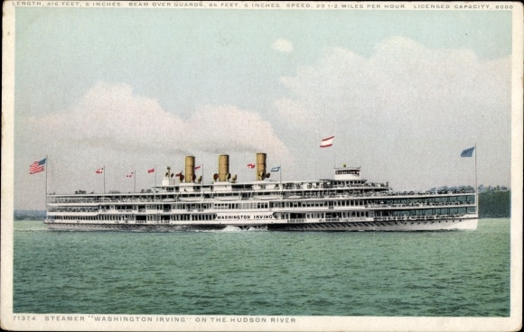 Postcard Steamer Washington Irving, Hudson River