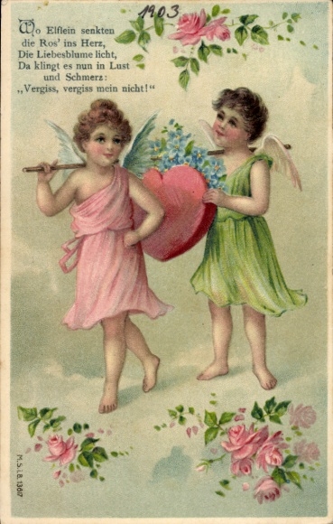 Postcard Where elves lowered the rose into the heart, the love flower bright, forget-me-not