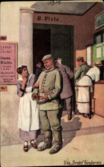 Artist Postcard The Wire Barrier, Soldier, Woman, Theater, Cigarette, Bankruptcy, Always a Professional, World War I