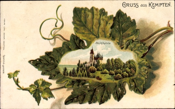 Präge Weinblatt Litho Kempten im Allgäu Schwaben, Burghalde 