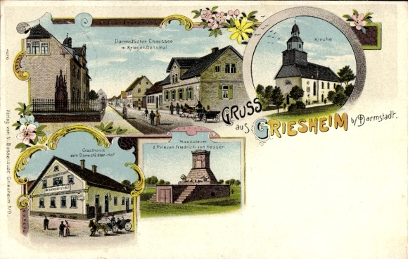 Chromo-Litho Griesheim near Darmstadt, Darmstädter Chaussee, monument, Gasthaus Darmstädter Hof, mausoleum