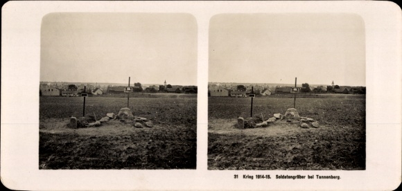 Zdjęcie stereo Stębark Tannenberg Prusy Wschodnie, groby żołnierzy, I wojna światowa
