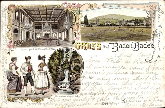 Chromo-Litho Baden Baden am Schwarzwald, hall in the conversation house. Geroldsau waterfall, traditional costume