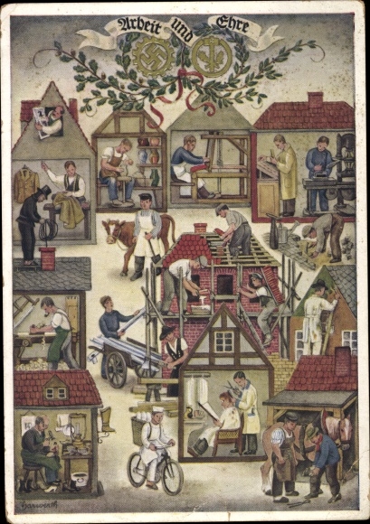 Künstler Ak Harwerth, Reichshandwerkertag 1936, Arbeit und Ehre, Friseur, Bäcker, Töpfer