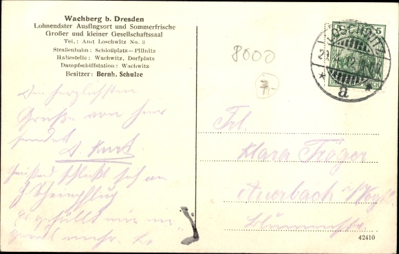 Postcard Dresden Wachwitz, inn Wachberg, owner Bernh. Schulze