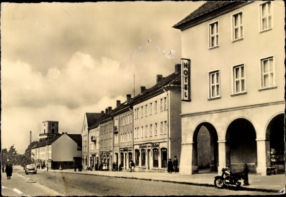 Postcard Prenzlau in the Uckermark, city view with hotel, historic buildings, vintage cars, W...