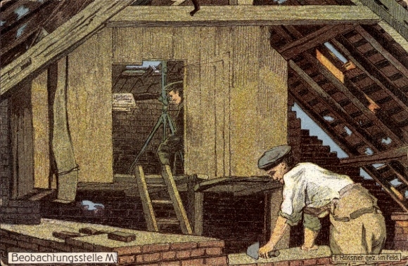 Artist Postcard Rössner, observation post, bricklayer, German soldiers, I WW