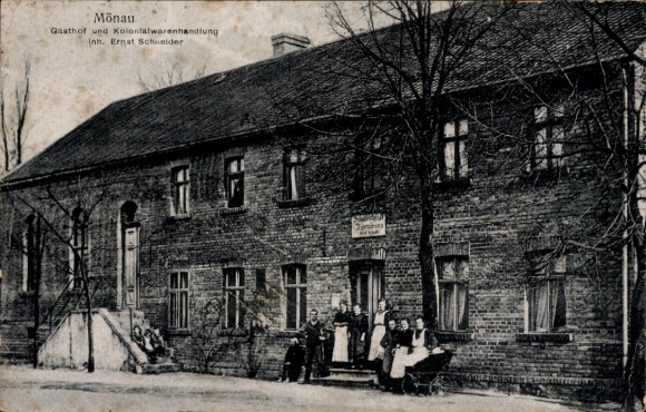 Postcard Mönau Boxberg in Upper Lusatia, Inn, Grocery Store Ernst Schneider