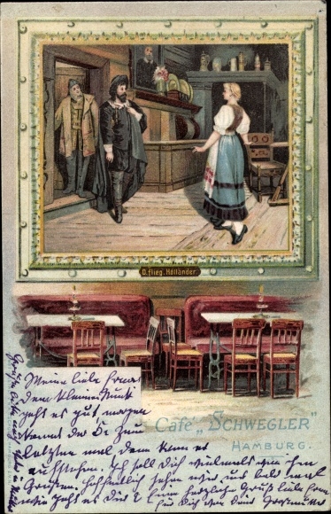 litho Hamburg, Café Schwegler, zicht op het schilderij De Vliegende Hollander
