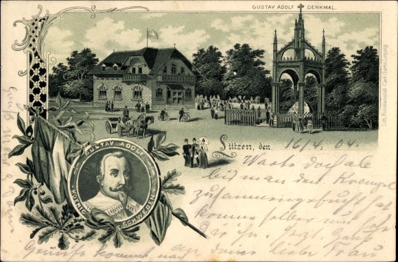 Litho Lützen im Burgenlandkreis, Portrait von König Gustav Adolf, Partie am Gustav Adolf Denkmal