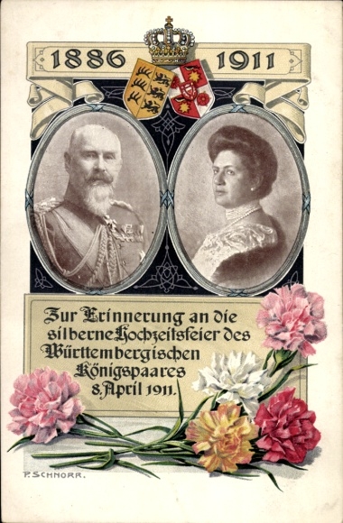 Artist Postcard Schnorr, King Wilhelm II of Württemberg, Queen Charlotte, silver wedding 1911, coat of arms