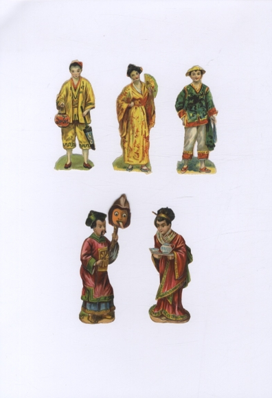 5 wafers Chinese women and men in traditional clothing, each approx. 9 x 3.5 c