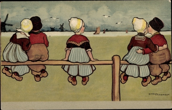 Artist PC Parkinson, E., Lovers and a lonely girl, Dutch costume