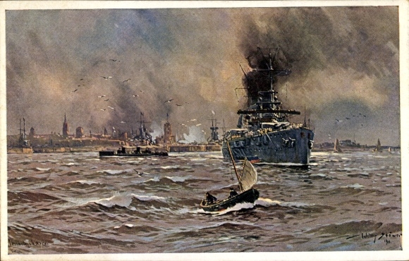 Artist Postcard Stöwer, W., Wilhelmshaven in Lower Saxony, warship, sailing boat