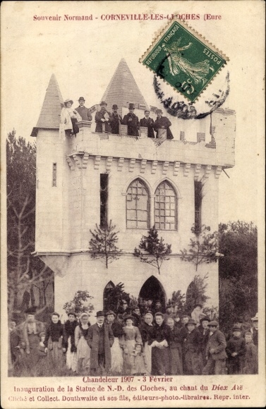 Postcard Corneville les Cloches Eure, Candlemas 1907, inauguration of the Statue of Our Lady of the Bells