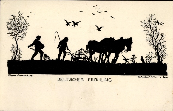 Scherenschnitt Künstler Ak Sachse Schubert, W., Deutscher Frühling, Bauern, Pflug