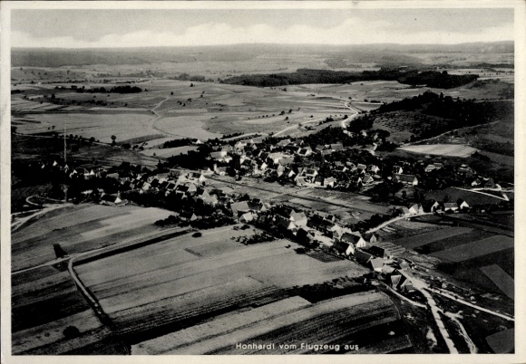 Postcard Honhardt Frankenhardt in Württemberg, aerial photograph of landscape, houses, fields, aircraft
