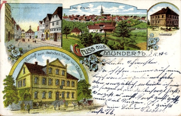 Chromo-Litho Bad Münder am Deister, German House Inn, owner H. Böneke, Market Square, Town Hall