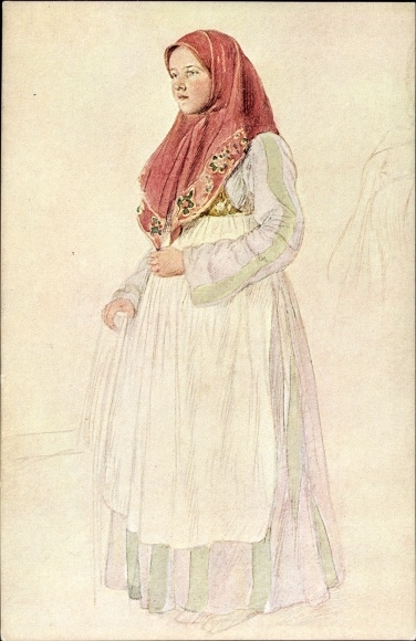Artist Postcard Manes, J., Girl from Silesia in Czech folk costume
