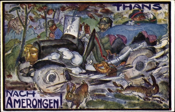 Postcard Thans, Nach Amerongen, Kaiser Wilhelm II. im Automobil, Caricatur