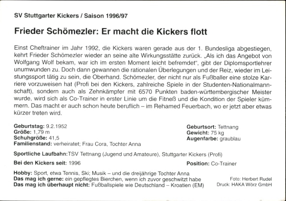 Karta autografu Współtrener Frieder Schömelzer, SV Stuttgarter Kickers, autograf