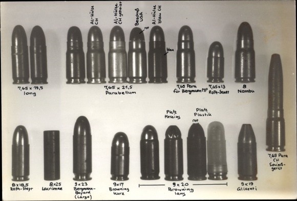 Photo Munition, Patronen 7,64x21,5 Parabellum, 9x20 Browning lang, 9x23 Bergman Bayard
