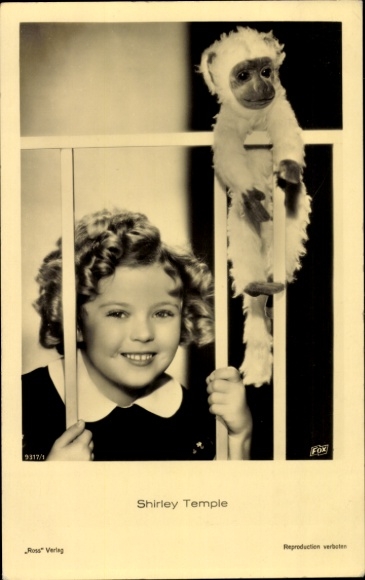 Postcard actress Shirley Temple, portrait, plush monkey