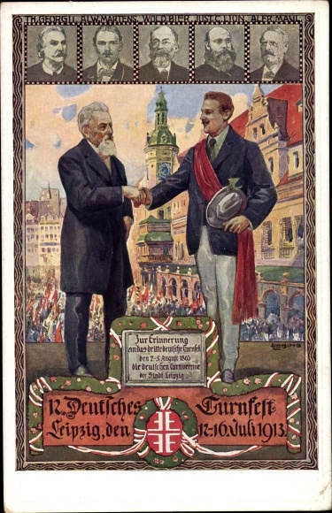 Artist Chromo-Litho Liebing, Leipzig in Saxony, 12th German Gymnastics Festival 1913, heart and hand to the fatherland