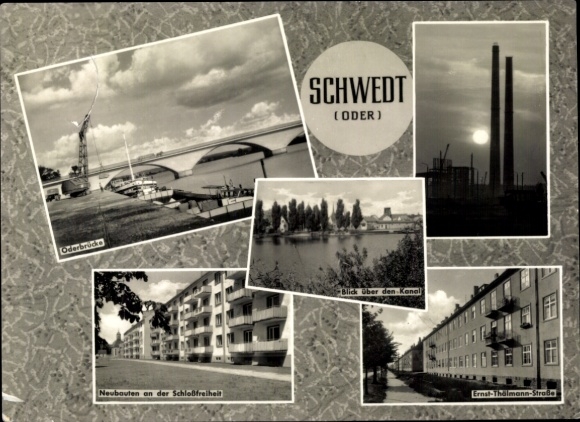 Schwedt on the Oder, Oder Bridge, new buildings at the Schlossfreiheit, view over the canal, Ern...
