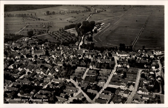 Postcard Iffezheim am Rhein, aerial view of residential buildings, fields, streets, trees