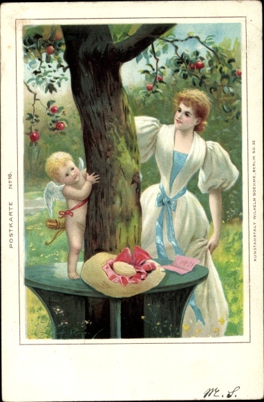 Chromo-Litho Young woman and Eros in the garden, hat, tree, arrows, bow, hide and seek