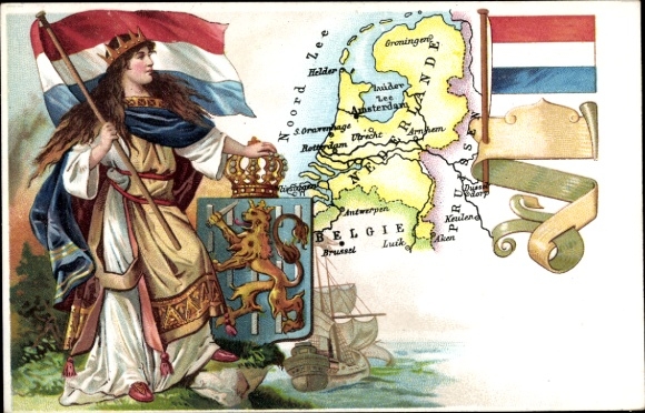 Maps Coat of Arms Chromo-Litho Netherlands, Allegory, Flags