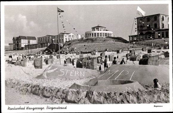 Postcard North Sea resort of Wangerooge in East Frisia, beach, castle beach, sand castles