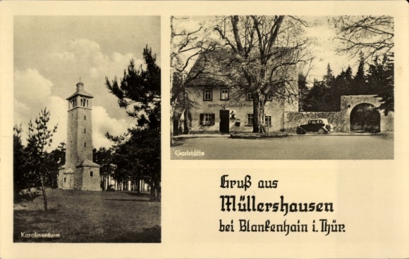Postcard Müllershausen Blankenhain in Thuringia, tower, restaurant