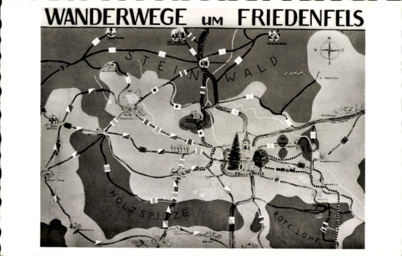 Postcard Friedenfels in the Upper Palatinate, hiking map, hiking trails, forest, Holzspitze, Rote Lohe