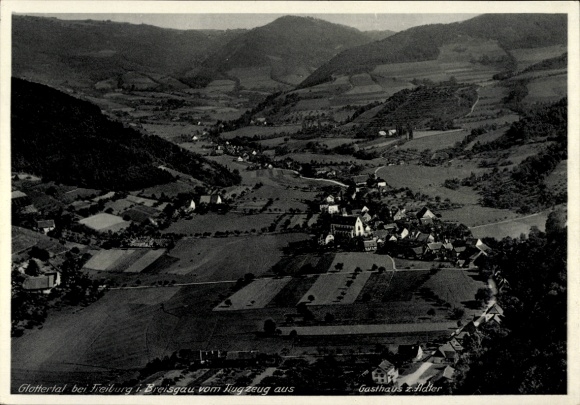 Ak Glottertal im Schwarzwald, Luftaufnahme des Glottertals, Gasthaus zum Adler