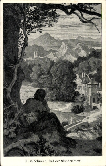 Artist Postcard Schwind, M. von, On the Journey, Man Observing a City