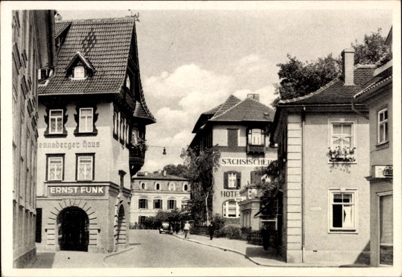 KP Meiningen w Turyngii, widok na miasto, dawny pensjonat, Ernst Funk, Hotel Saxon