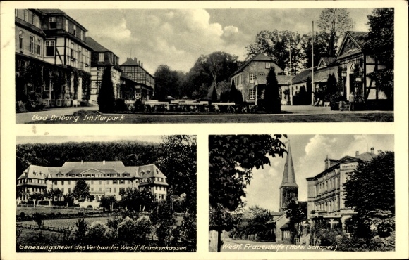 Postcard Bad Driburg in Westphalia, spa park, convalescent home, Westphalian Women's Aid, architecture