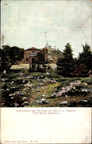 Postcard Jaufenpass South Tyrol Italy, refuge at Penegal, obelisk, 1738 meters high, landscape with B