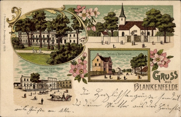 Chromo-Litho Berlin Pankow Blankenfelde, school, village street, church, homes, inn Aug. Staab