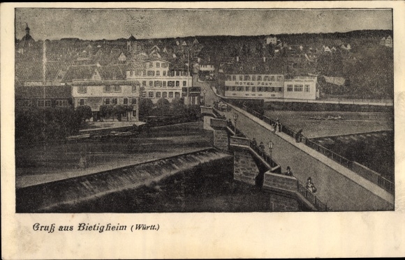 Ansichtkaart Bietigheim in Württemberg, gedeeltelijk zicht, brug, Hotel Post