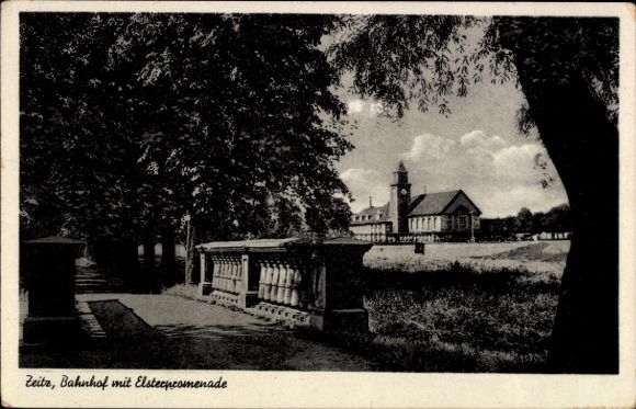 Ak Zeitz im Burgenlandkreis, Bahnhof mit Elstreepromenade, landschaftliche Szenerie,  aus Zeitz