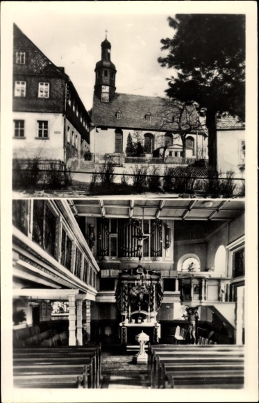 Ansichtkaart Lauter Bernsbach in het Ertsgebergte van Saksen, kerk, binnen- en buitenaanzicht