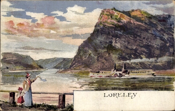 Artist Postcard Loreley, Rhine section, salon steamer, rocks
