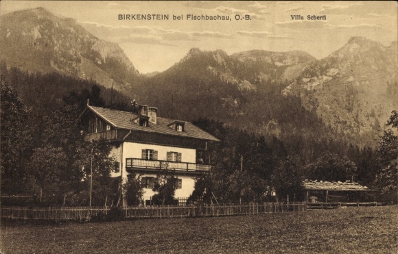 Postcard Birkenstein Fischbachau in Upper Bavaria, view of Villa Schertl, mountains